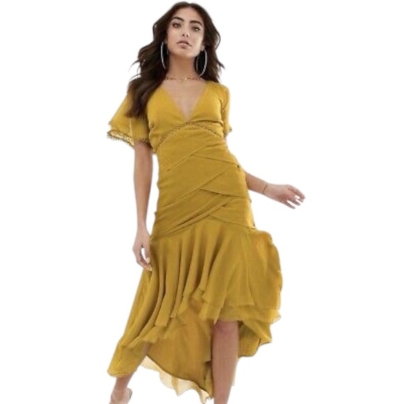 ASOS Midi High Low Dress with Lace Trim and Back Cut-Out in Mustard Size 2- NWT - Picture 1 of 8